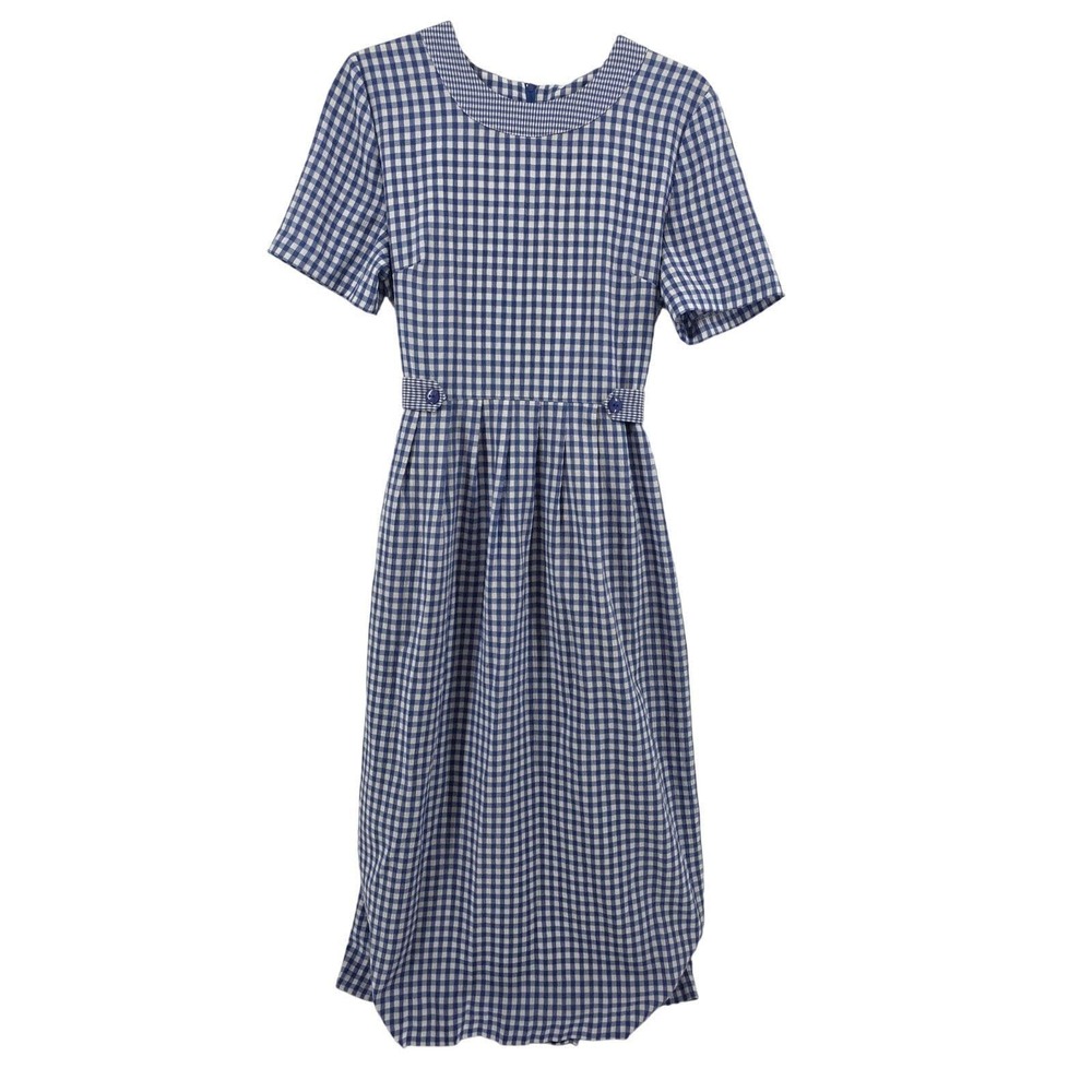 90s Vintage Blue Gingham Check Midi Sz 8 Short Sleeve Tie modest cottagecore